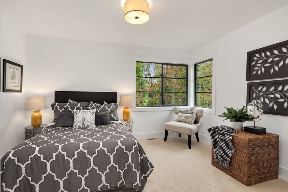 Design ideas for a mid-sized transitional guest bedroom in Seattle with white walls, carpet, no fireplace and beige floor.