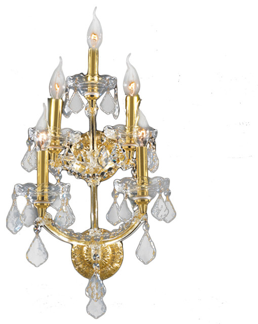 Maria Theresa 5 Light 3 Tier Crystal Candle Wall Sconce Medium Maria Theresa 5 Light 3 Tier Crystal Candle Wall Sconce Medium Gold