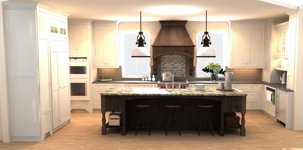 Eat-in kitchen - large transitional u-shaped medium tone wood floor eat-in kitchen idea with a farmhouse sink, shaker cabinets, white cabinets, granite countertops, beige backsplash, paneled appliances and an island