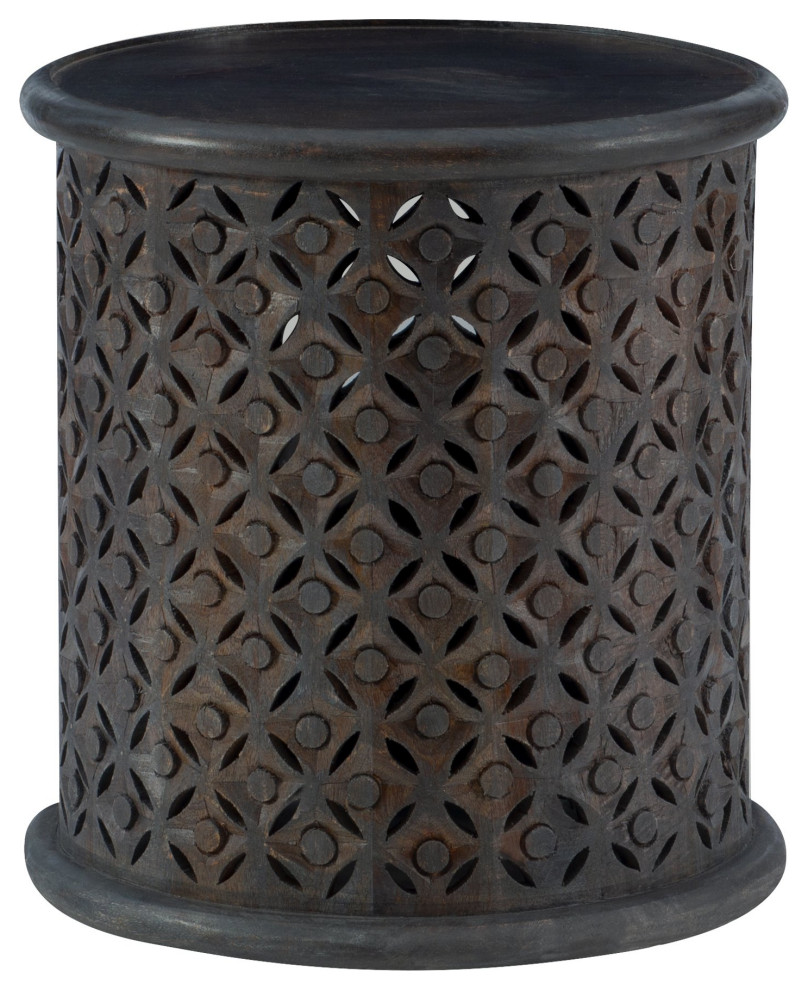 Unique End Table, Mango Wood Construction With Lattice Pattern, Dark