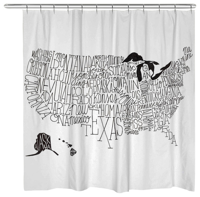 Hand Lettered Black and White US Map Shower Curtain