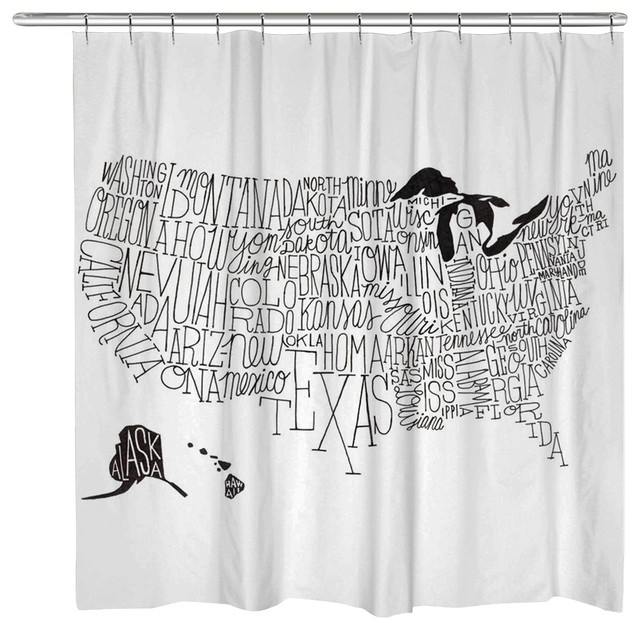 Marvelous Black And White Shower Curtains Part - 6: Hand Lettered Black And White US Map Shower Curtain