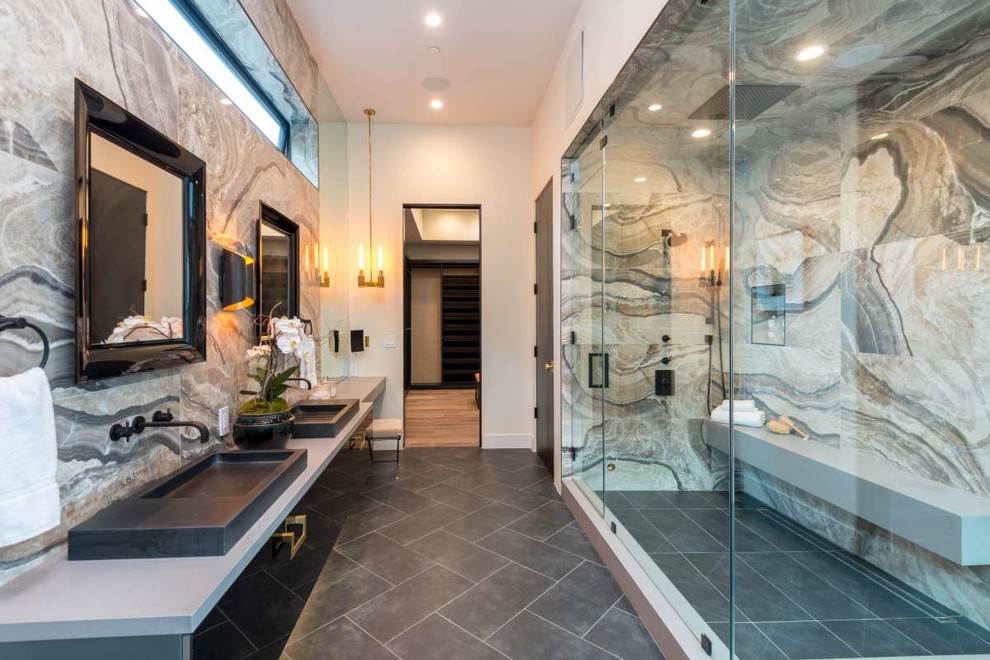 This is an example of a large contemporary master bathroom in Los Angeles with a hinged shower door.