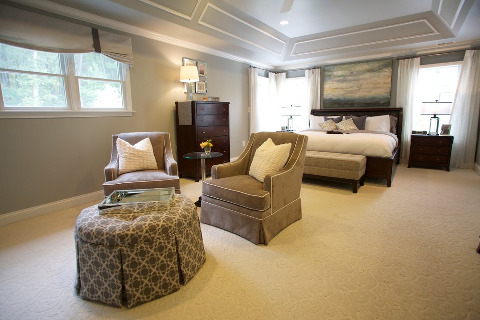 Design ideas for a mid-sized transitional master bedroom in Baltimore with grey walls, carpet and brown floor.