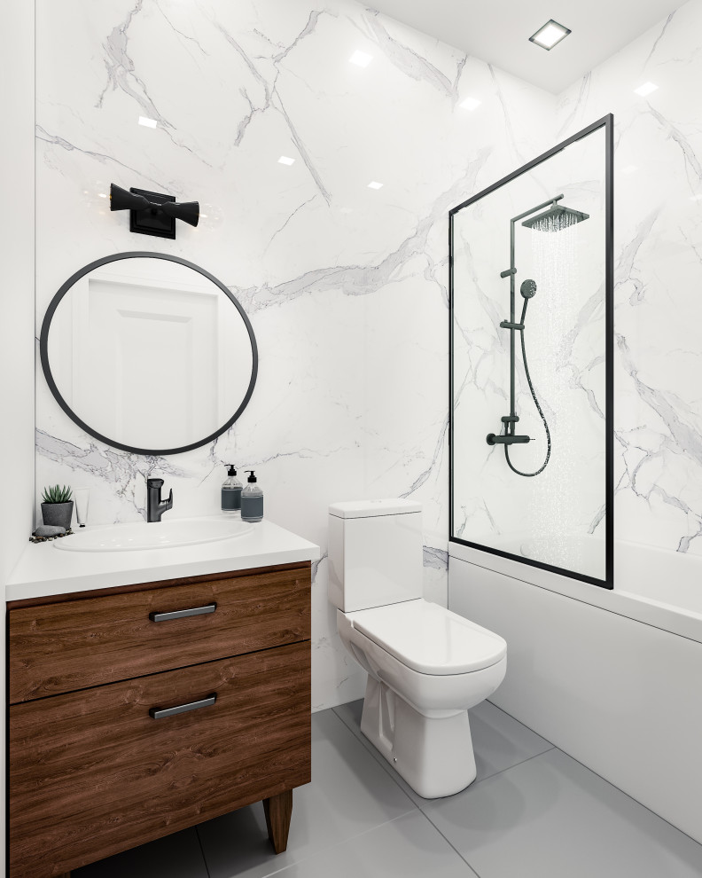 Idéer för små vintage vitt badrum med dusch, med släta luckor, vita skåp, en dusch i en alkov, en toalettstol med hel cisternkåpa, vit kakel, marmorkakel, vita väggar, klinkergolv i småsten, ett fristående handfat, marmorbänkskiva, grått golv och dusch med skjutdörr