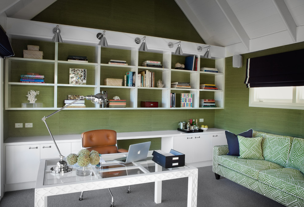 Inspiration for a traditional home office in Melbourne with green walls, carpet and a freestanding desk.