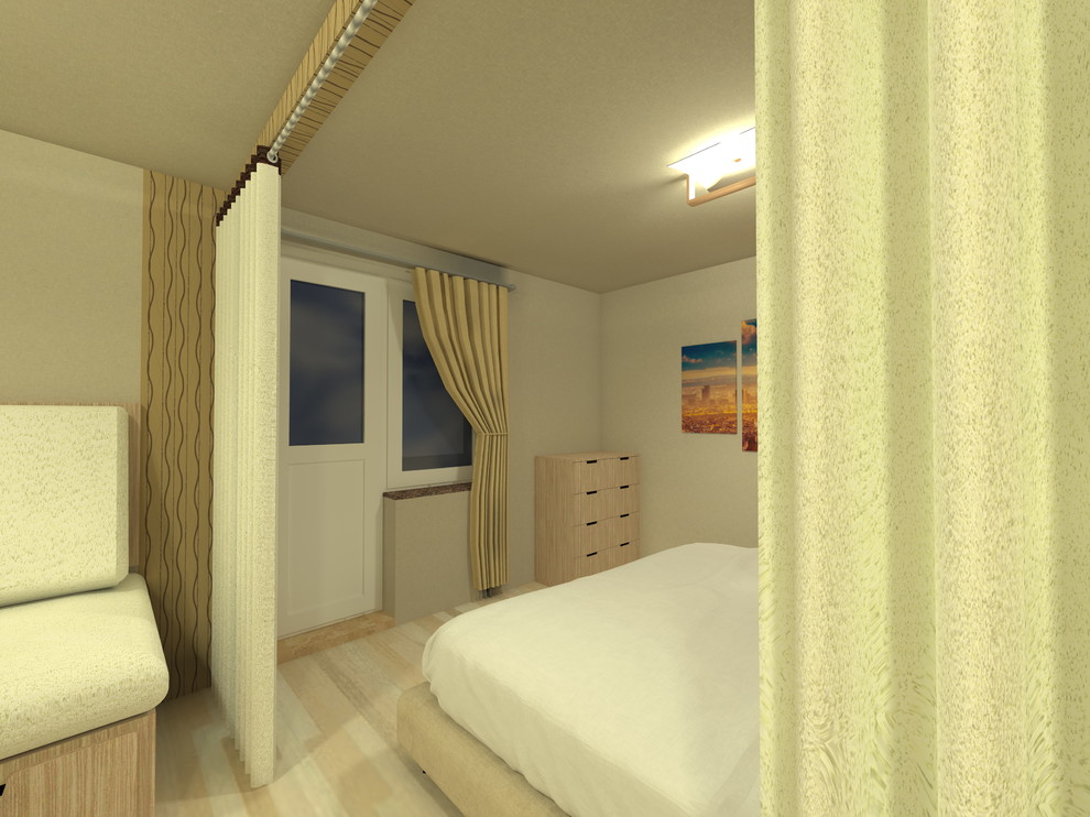 Интерьер комнаты совмещающей в себе спальню и зону отдыха.