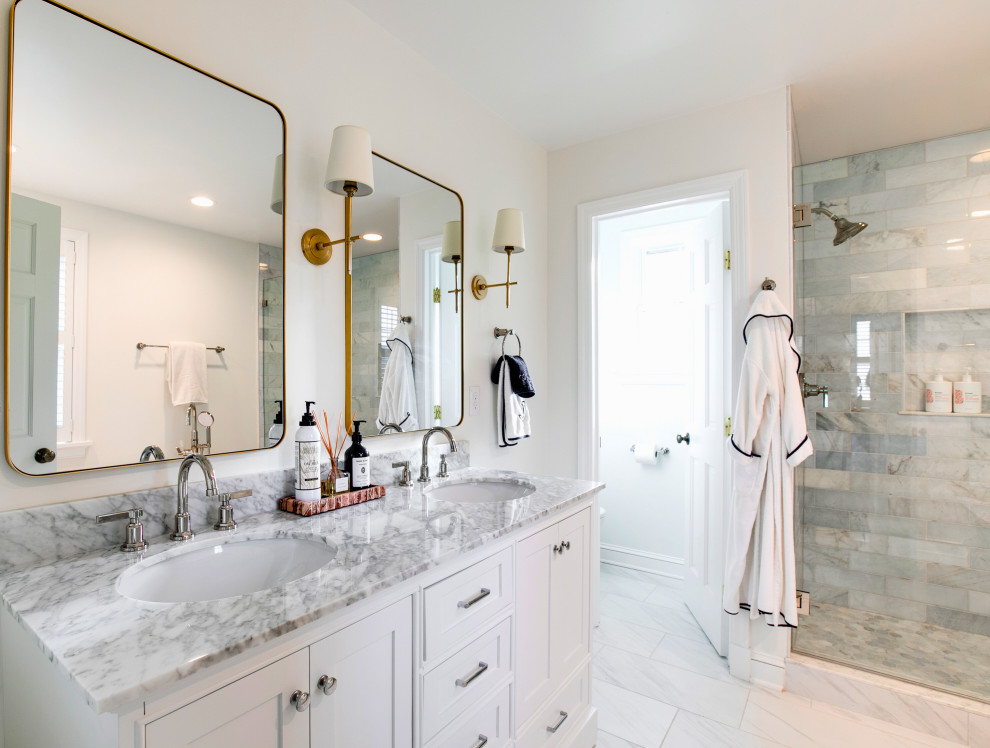 Primary Bathroom with Double Vanity and Custom Tile Shower Enclosure ...