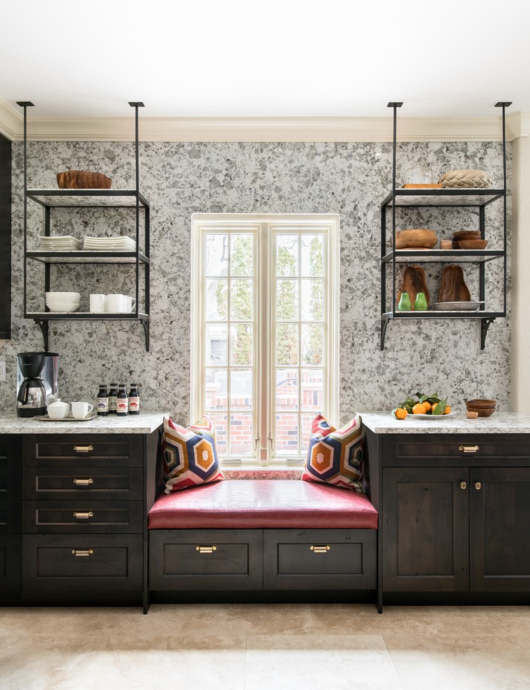 Large transitional kitchen in Denver with shaker cabinets, multi-coloured splashback, beige floor, dark wood cabinets and grey benchtop.