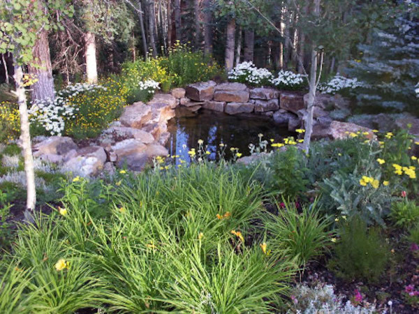 This is an example of a huge rustic full sun backyard stone water fountain landscape in Denver.