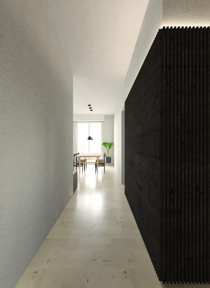 Idées déco pour un petit hall d'entrée contemporain avec un mur blanc, parquet clair et boiseries.