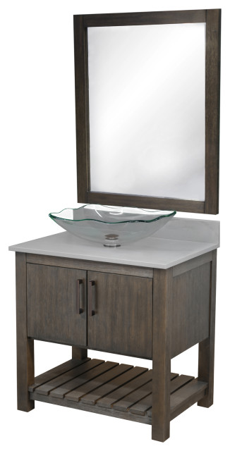 30" Vanity, Storm Grey Quartz Top, Sink, Drain, Mounting Ring, and P-Trap, Oil Rubbed Bronze, Mirror Included
