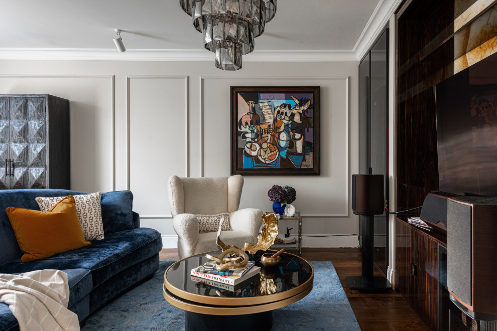 This is an example of a mid-sized eclectic formal living room in London with grey walls, dark hardwood floors, a built-in media wall and panelled walls.