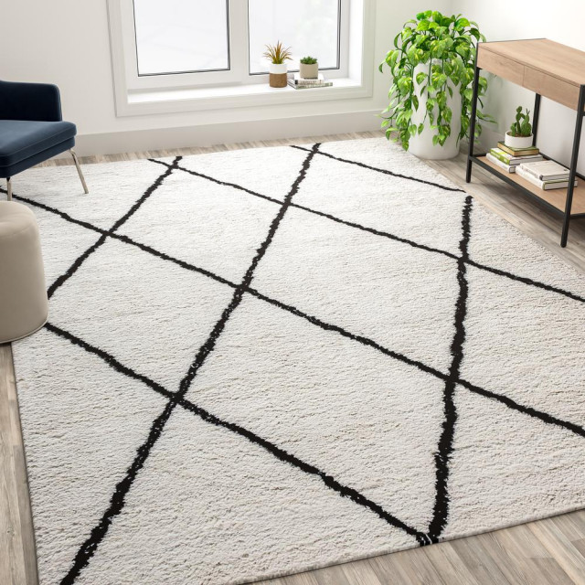 Shag Style Diamond Trellis Area Rug 8' x 10' Ivory Contemporary