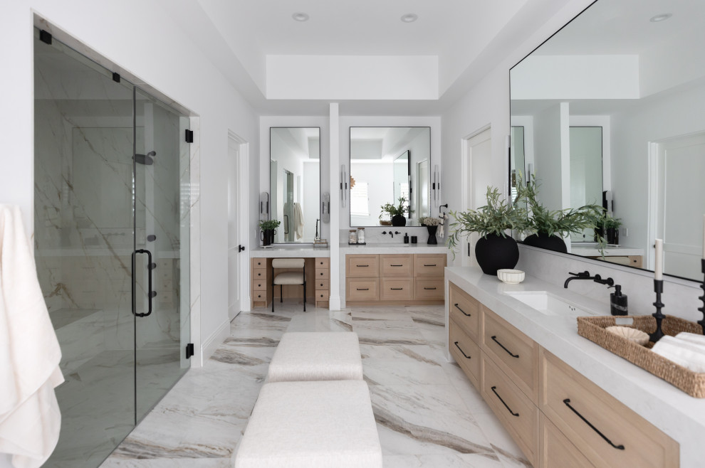 Worth the Wait - Inspiration for a transitional white floor, double-sink and tray ceiling bathroom remodel in Phoenix with shaker cabinets, beige cabinets, white walls, an undermount sink, white countertops and a freestanding vanity