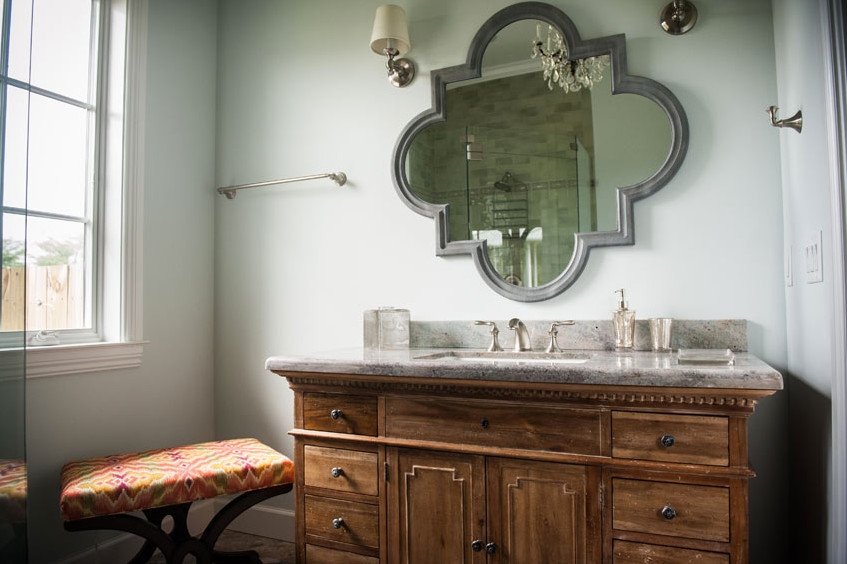 Bathroom - mid-sized transitional master marble floor bathroom idea in Miami with furniture-like cabinets, medium tone wood cabinets, blue walls, an undermount sink and marble countertops