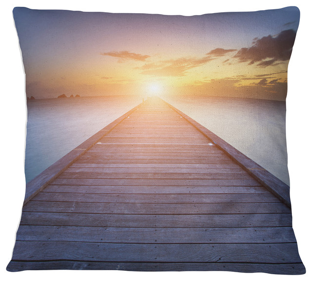 Wooden Pier To Bright Evening Sun Sea Bridge Throw Pillow Beach