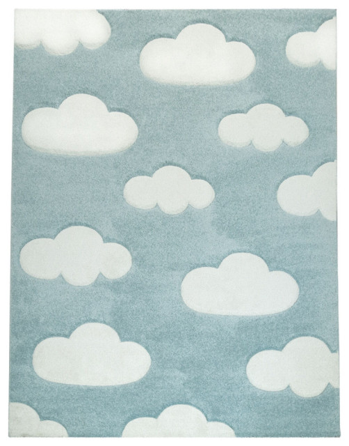 Kids Rug With Charming Clouds, Pastel Blue, 4'7"x6'7"