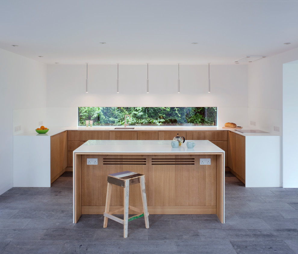 Inspiration for a modern u-shaped kitchen in London with with island.