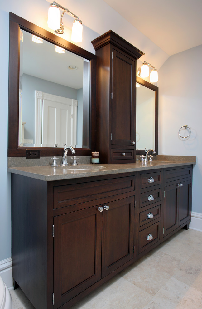 Design ideas for a large traditional master bathroom in Chicago with an undermount sink, recessed-panel cabinets, dark wood cabinets, engineered quartz benchtops, beige tile and blue walls.