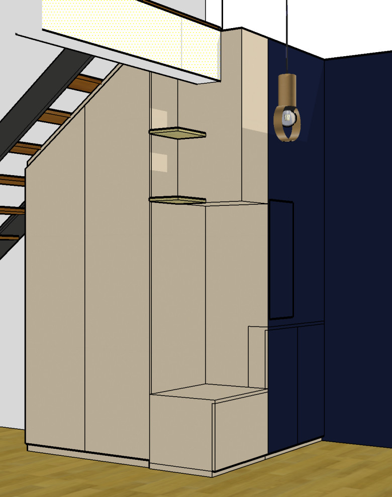 Ejemplo de armario unisex moderno de tamaño medio con armarios con paneles lisos, puertas de armario beige, suelo laminado y suelo beige