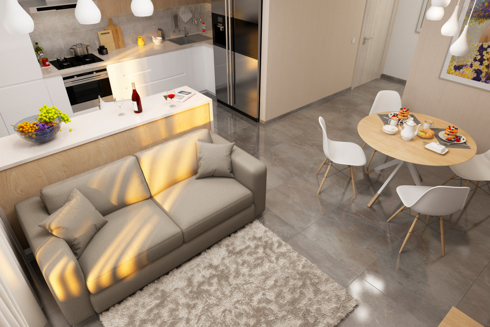 Объединенные в единое пространство кухня, столовая, гостиная.