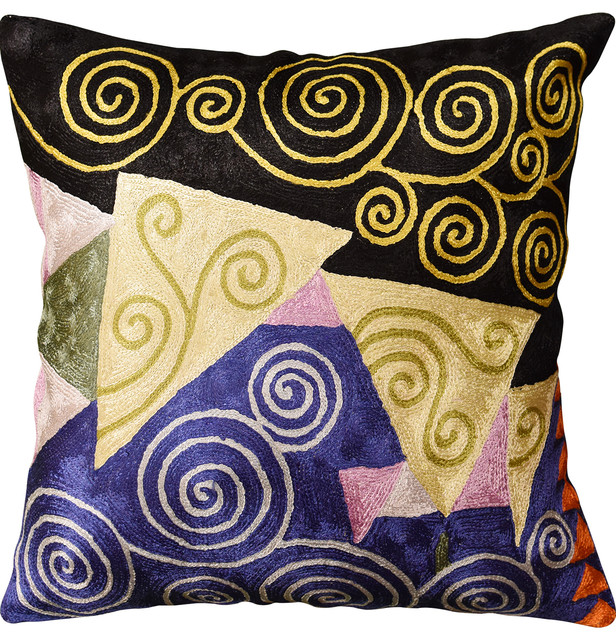 Klimt Blue Black Jewel Tree Of Life Throw Pillow Cover Handmade Art Silk 18x18 Klimt Blue Black Jewel Tree Of Life Throw Pillow Cover Handmade Art Silk 18x18