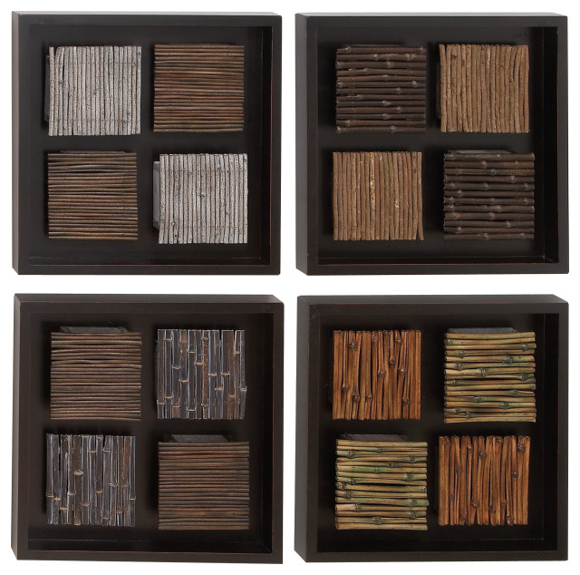 Set of 4 Square Wall Plaque Set Wood Frames Bamboo Design Home Decor 13938
