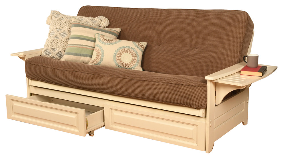 Mesa Frame Futon With Antique White Finish, Storage Drawers