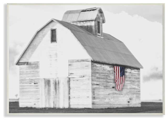 Rustic Us Barn Flag Black White Stretched Canvas Wall Art