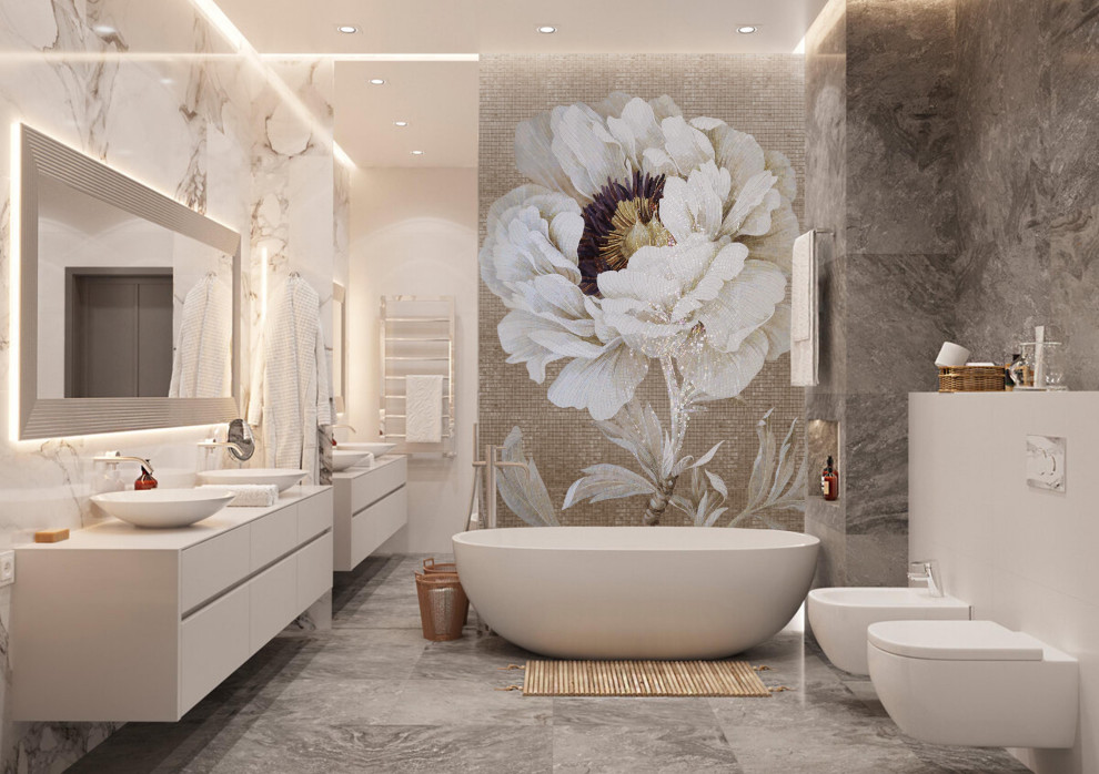 Художественное панно из мозаики "Белый махровый пион" Фон Античное золото