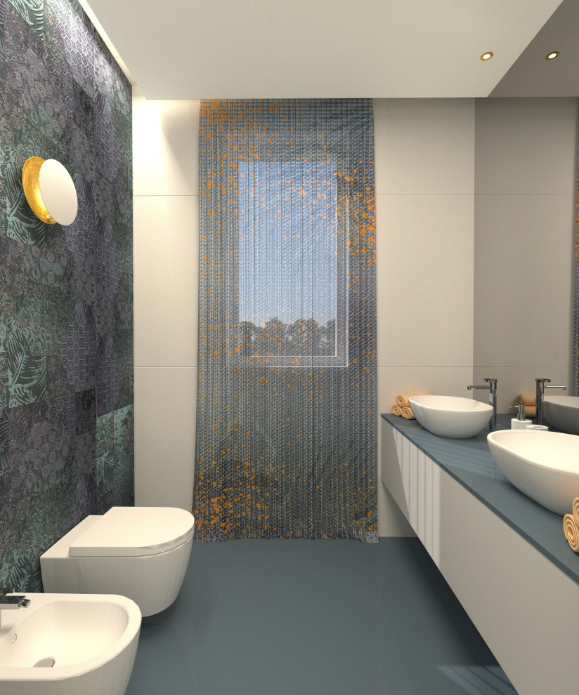Источник вдохновения для домашнего уюта: ванная комната в современном стиле с белыми фасадами, синей плиткой, синими стенами, душевой кабиной, синим полом, синей столешницей, тумбой под две раковины и обоями на стенах