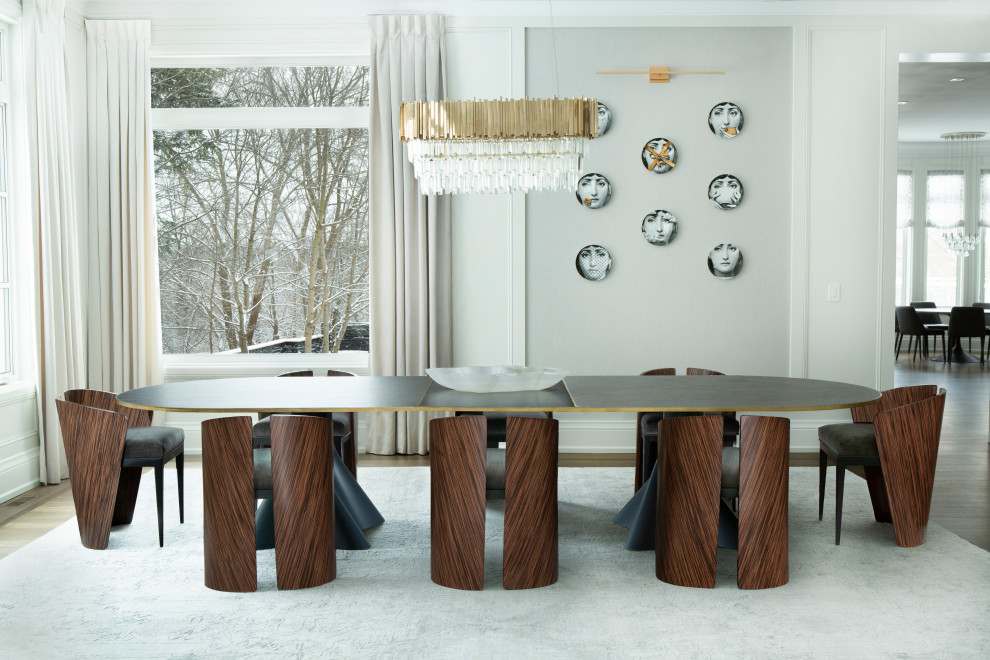 Large gray floor dining room photo in Toronto with gray walls