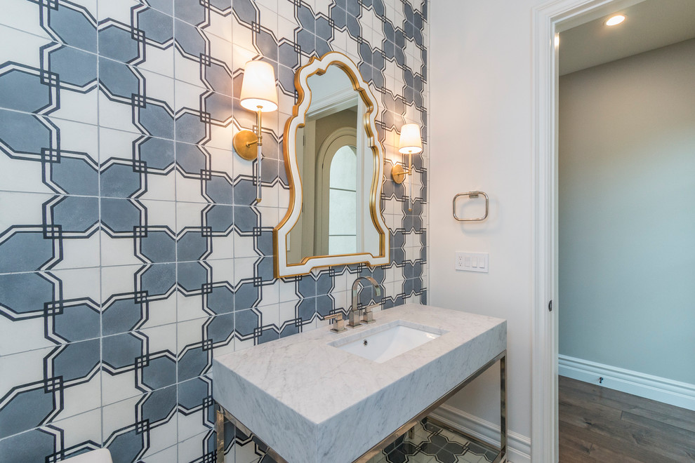 Example of a huge transitional 3/4 black and white tile and cement tile cement tile floor and white floor bathroom design in Phoenix with a one-piece toilet, gray walls, an undermount sink and marble countertops