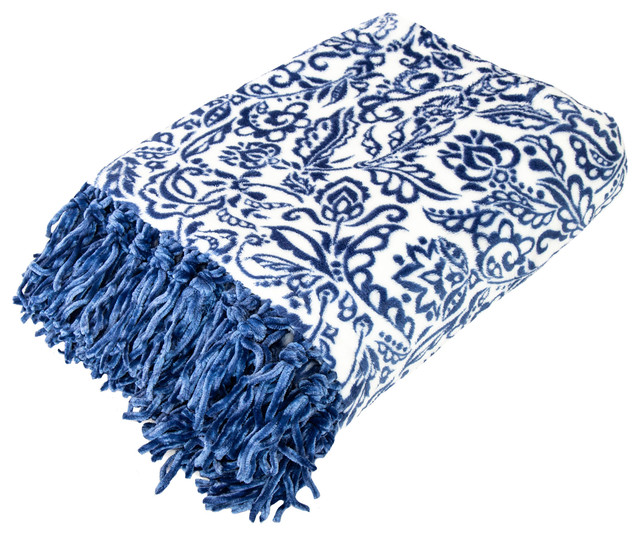 Soft Plush Damask Printed Throw with Fringe