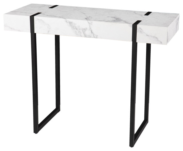 Rectangular Console Table, Slim Design With Black Base & White Faux Marble Top Transitional