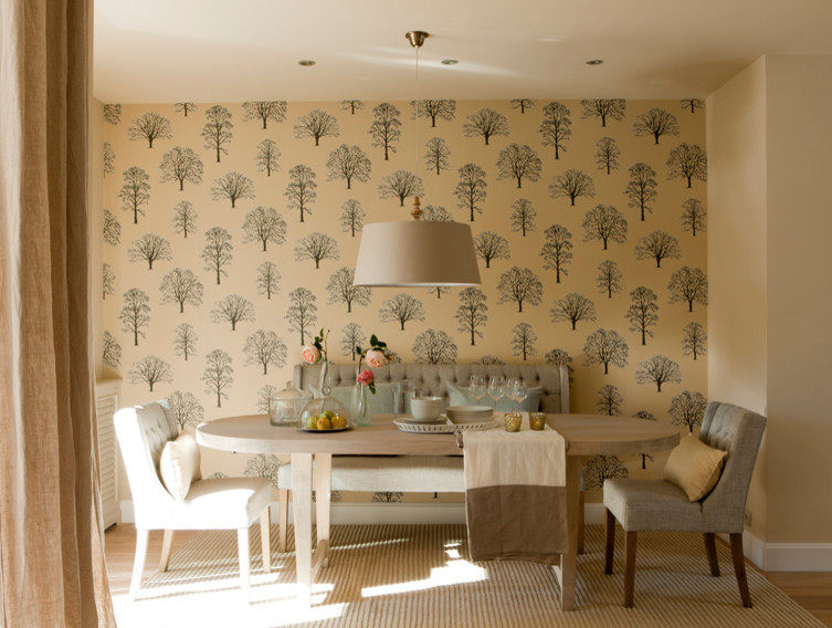 Diseño de comedor romántico de tamaño medio cerrado sin chimenea con paredes multicolor y suelo de madera en tonos medios