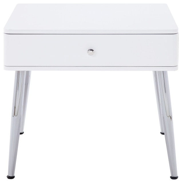 Contemporary End Table, Angled Chrome Lega With White High Gloss Top