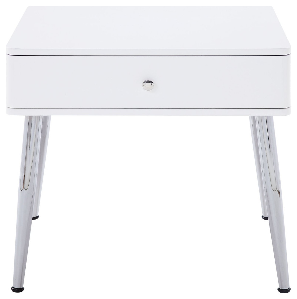 Contemporary End Table, Angled Chrome Lega With White High Gloss Top