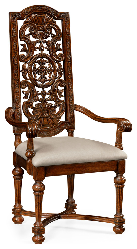 Jacobean Style Dark Oak Chair Pierced Back, Arm