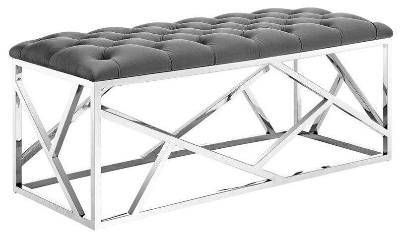 Modway Intersperse Tufted Velvet Polyester Bench in Silver and Gray