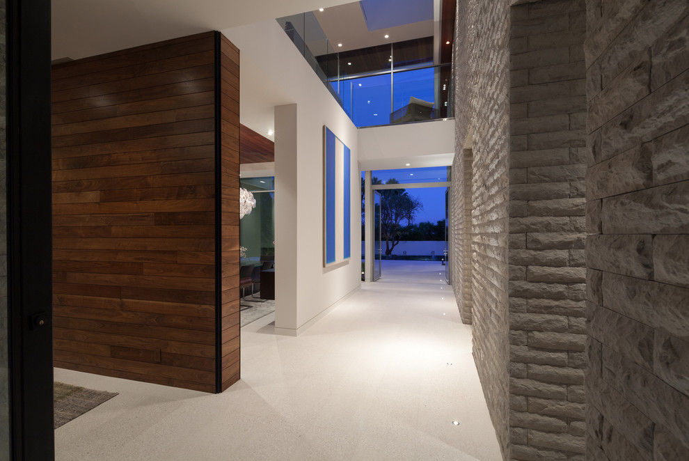 Expansive modern hallway in Los Angeles with white walls.