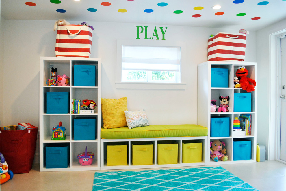 This is an example of a small contemporary gender-neutral kids' room in Miami with white walls and ceramic floors.
