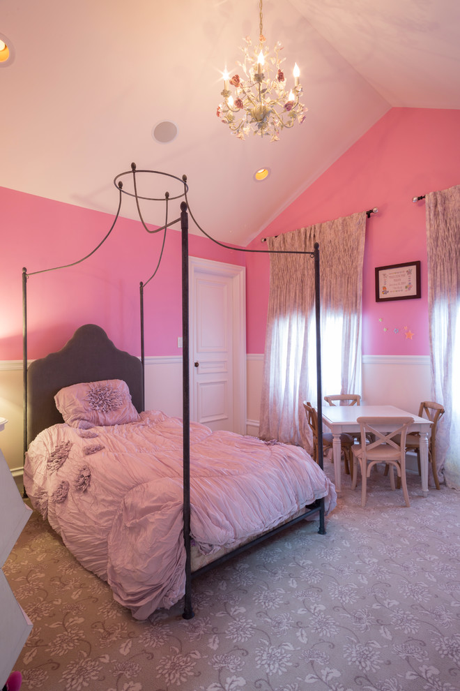 Inspiration for a large transitional kids' room for girls in Chicago with pink walls and carpet.