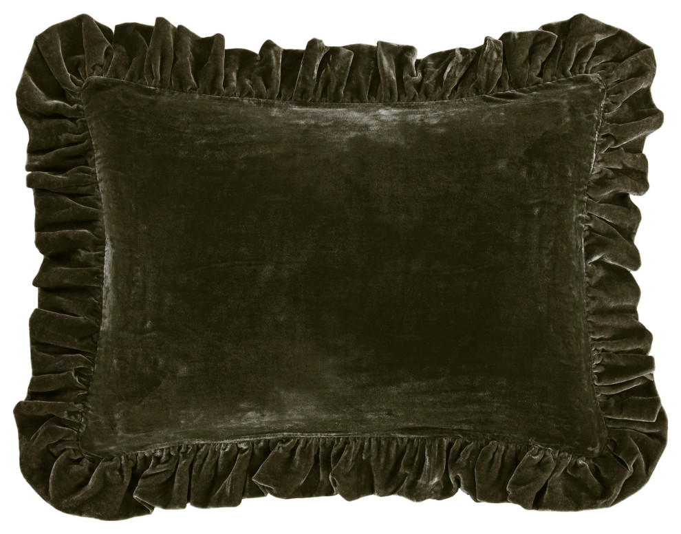 Stella Faux Silk Velvet Ruffled Dutch Euro Pillow, 27"x39", 1 Piece, Fern Green
