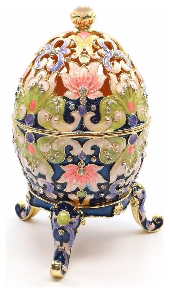 Faberge Box Enameled Large Floral Egg, 24K Gold Figurines w/ Swarovski Crystal