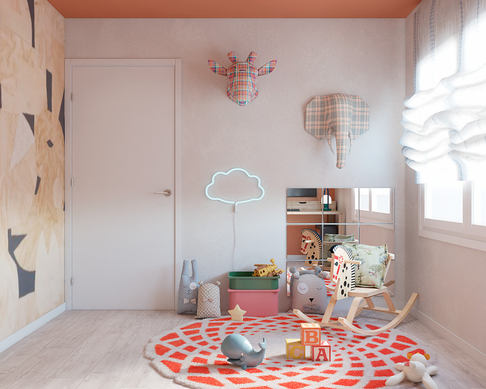 Idee per una piccola cameretta per neonati neutra con pareti bianche, pavimento in laminato e pavimento beige