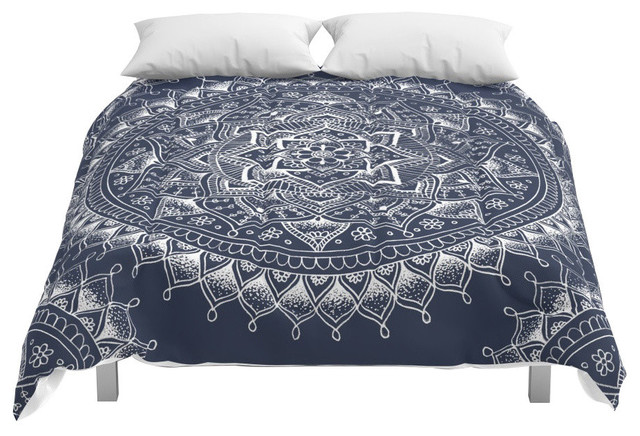 White Flower Mandala On Dark Blue Comforter Mediterranean