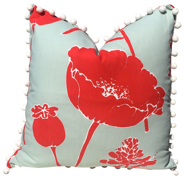 Flower Print Pillow Cover, Red Poppy Cotton Pillow Cover Traditional