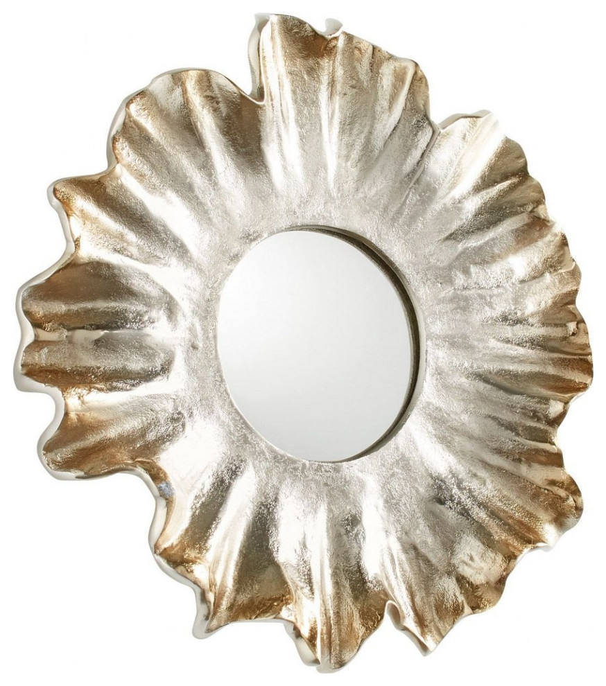 Coastal Round Wall Decor Mirror in Nickel Finish Crumpling Waves Shell Frame 16 Contemporary